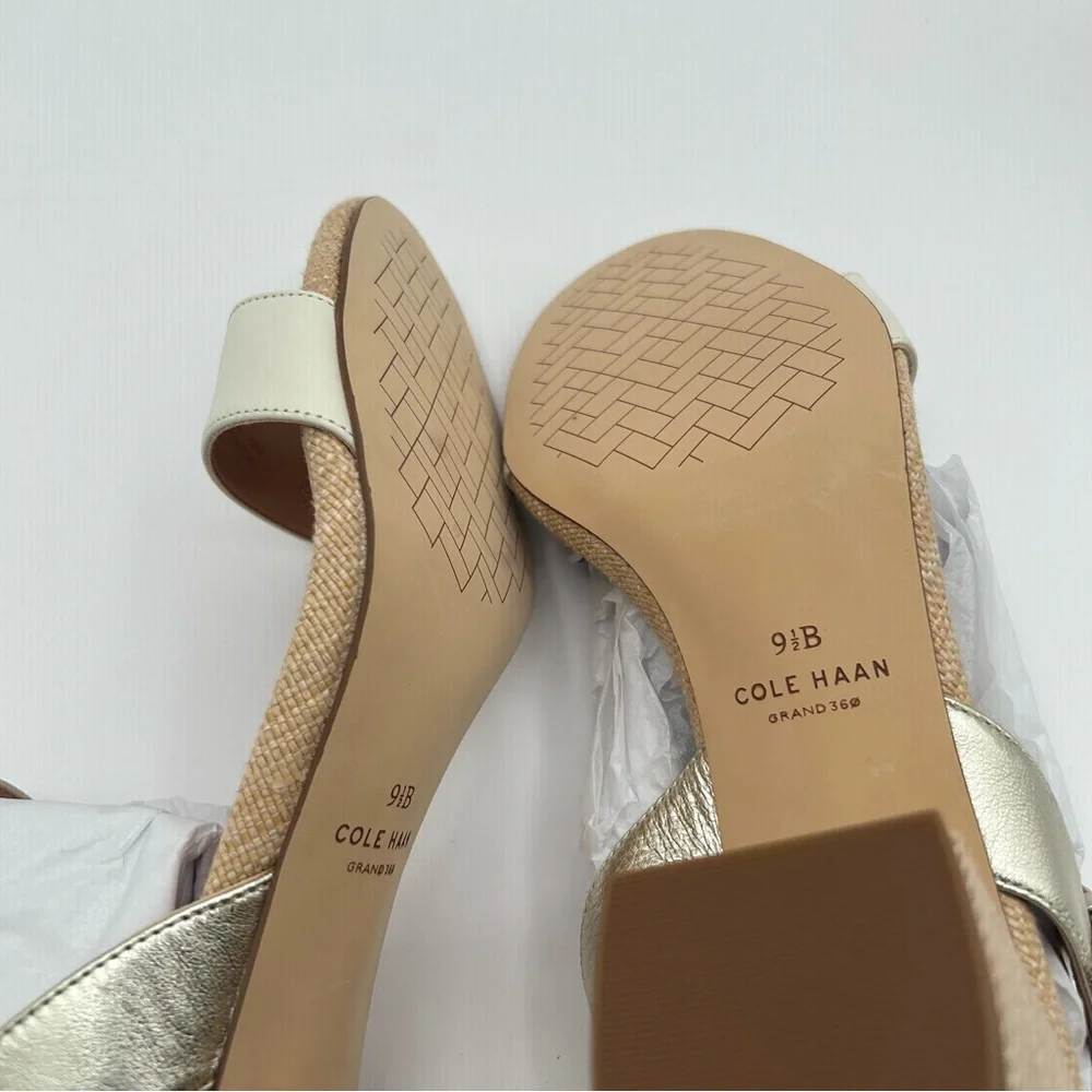 New Cole Haan Women’s Josie Block Heeled Sandal, Ivory/Soft Gold 9.5 B